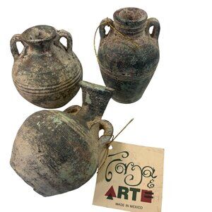 Vtg Set Of 3 Forja Y Arte Rustic Terracotta Amphora Vases Handles Made In Mexico